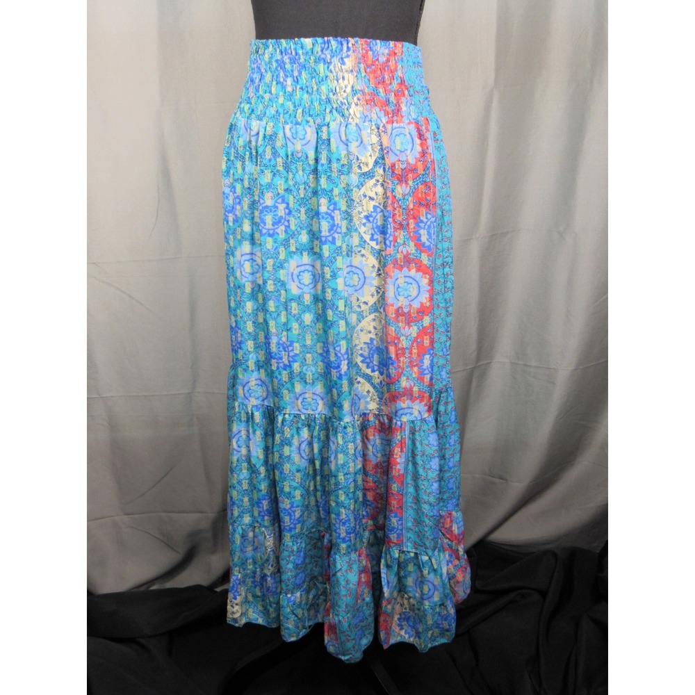 Karma Highway Blue Patchwork Smocked Waist Tiered Boho Maxi Skirt OS